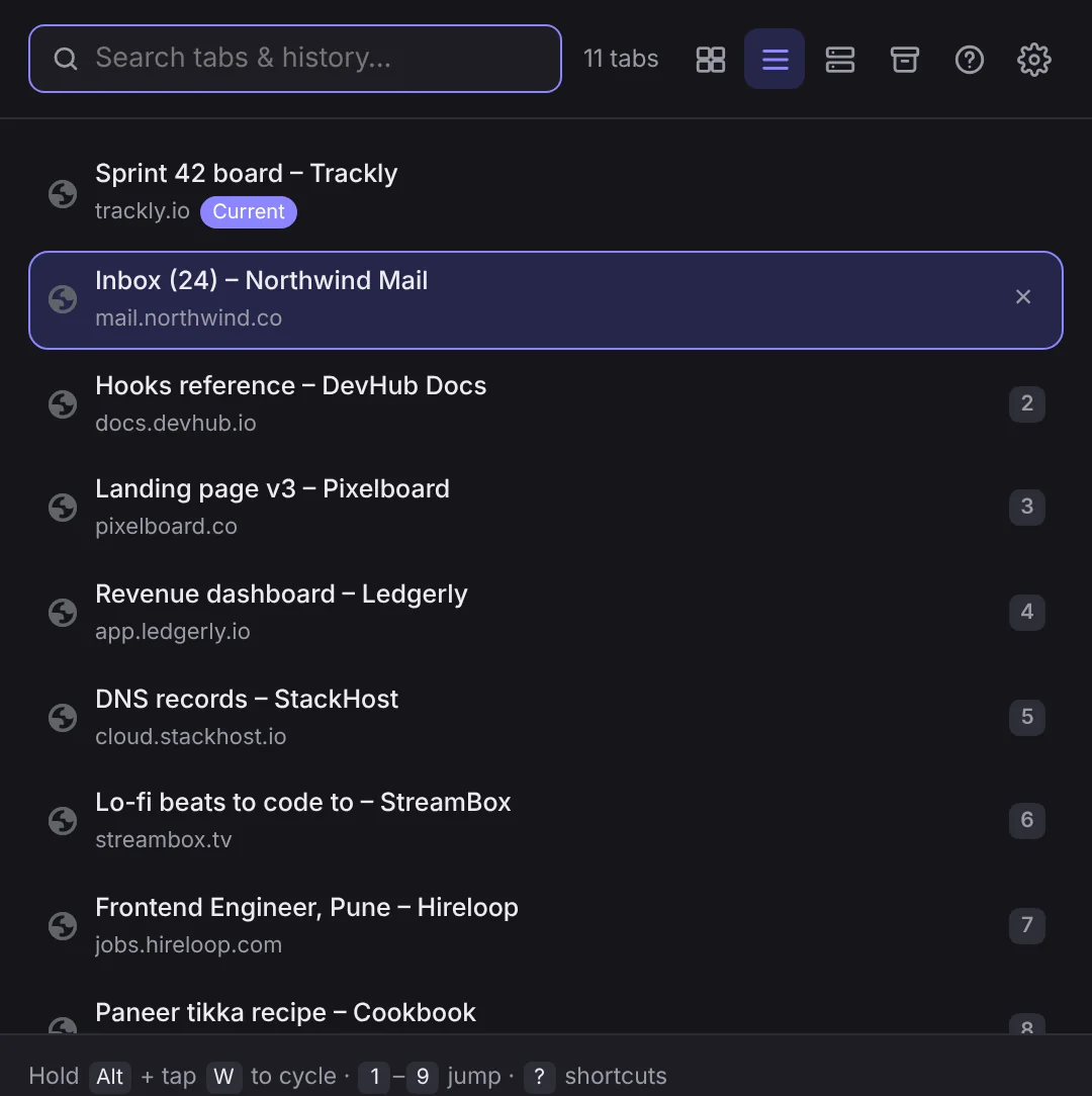 TabHop's compact list view in dark mode with numbered tabs.