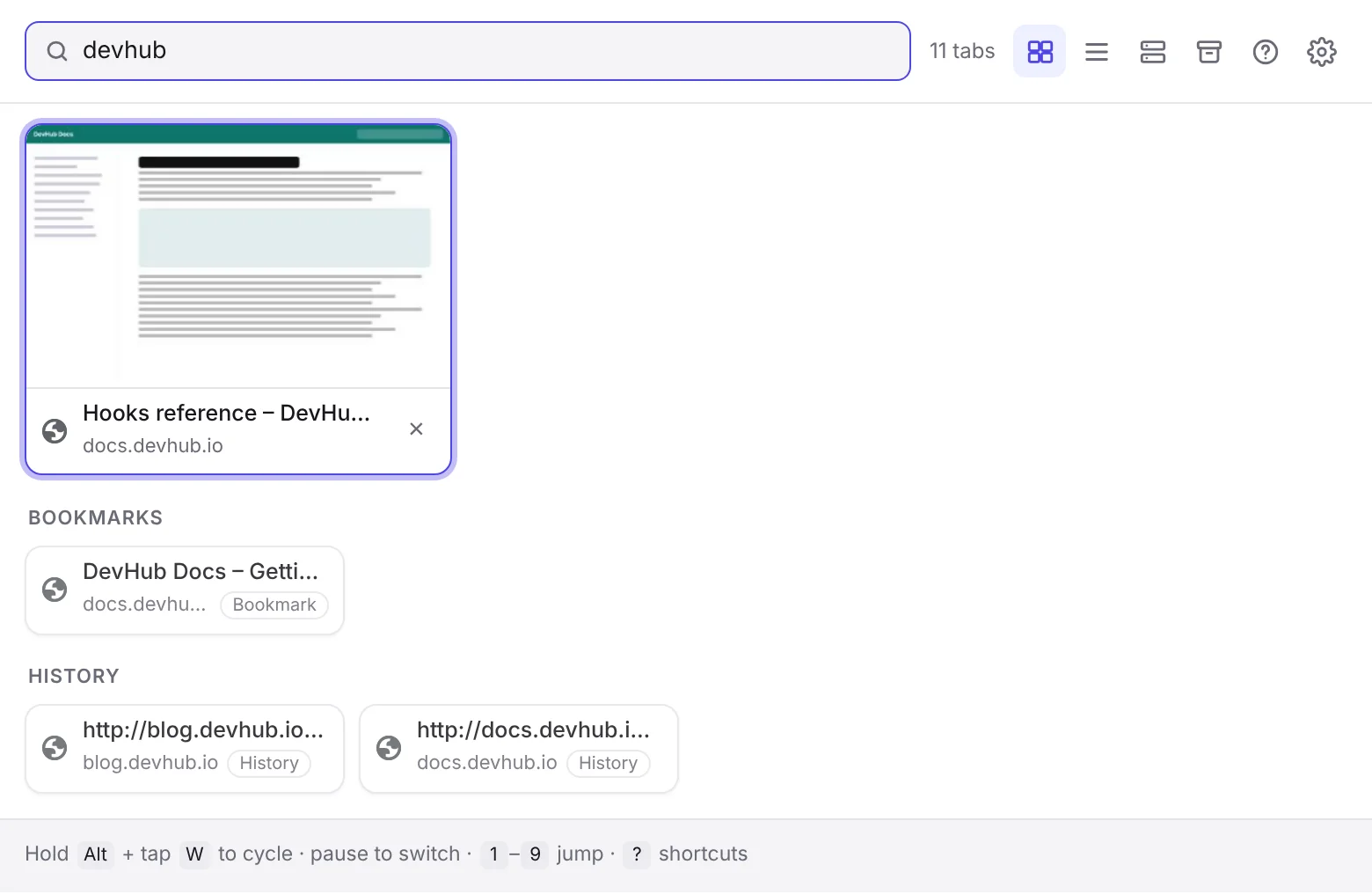 Searching 'devhub' shows the open tab, a bookmark and two history results.